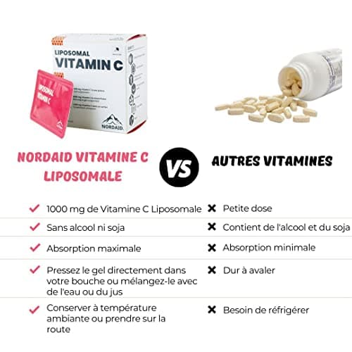 Vitamine C Liposomale 1000 mg - Liquide en 30 sachets - Haute dose - Sans soja Sans alcool - Sac à main- Vitamines adultes - Booster du système immunitaire - Vitamine C Liposomale Bio 1000mg - Nordaid
