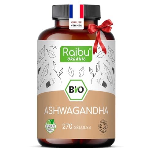 Ashwagandha BIO - 270 Gélules - Extra Fort : 2400 mg/jour - Ashwagandha Biologique Certifiée (Ginseng Indien/Withania Somnifera) - Sans Additifs, Végétalien - Pour votre Bien-être - Raibu