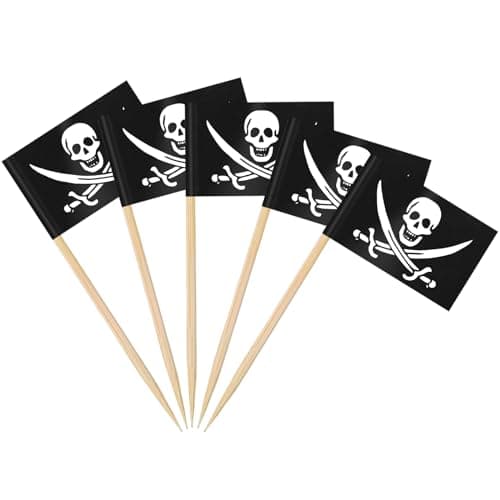 AhfuLife 100Pcs Drapeau Cure-dent Pirate, Mini Drapeau Cocktail de Pirate, Cure Dents Pirate pour Anniversaire Thème Pirate, Decor Cupcake Topper, Étiquettes de Apéritifs Dîner de Halloween