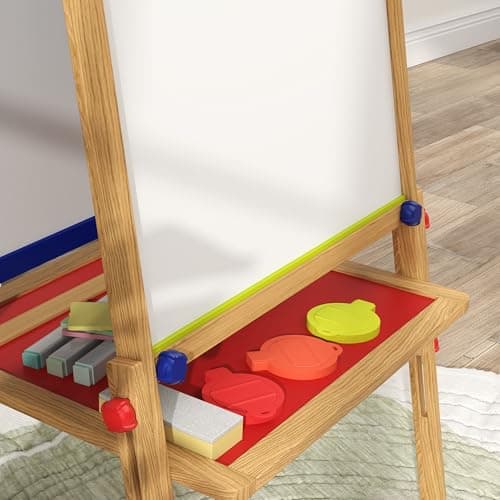 AIYAPLAY Chevalet peinture pour enfants, tableau enfant double face 3 en 1, avec rouleau de papier, tableau blanc et noir hauteur réglable, avec accessoires de peinture, enfants 3-8 ans, bois naturel