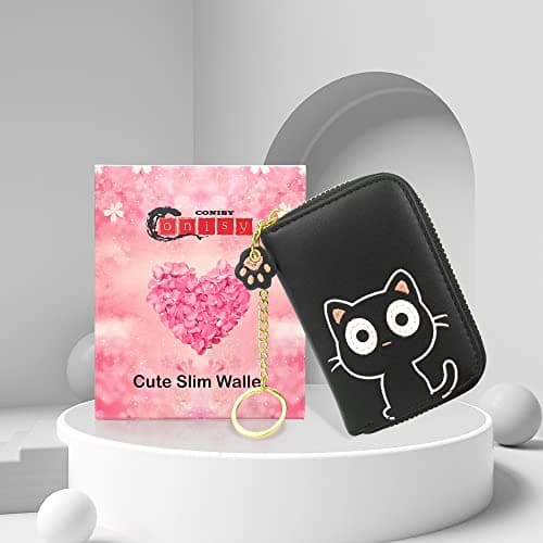 conisy Mignon Porte Cartes de Crédit en Cuir pour Femmes, Protection RFID Petit Portefeuille Fermeture Eclair avec Porte-clés (Chat Noir)