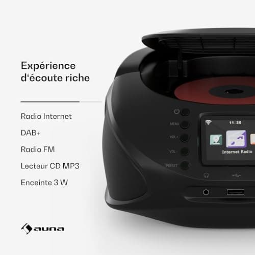 AUNA Roadie Smart Lecteur CD Portable – Bluetooth Boombox avec Radio Dab+/FM/Internet, Lecteur CD/Mp3, Écran Tft 2,4", Batterie, Haut-Parleurs 3W, USB/Aux, Noir