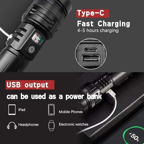 WEDETIAN Lampe Torche LED Rechargeable, 30000 Lumens Lampes Tactique de Poche Ultra Puissante, 5 Modes D'éclairage IP65 Étanche Pour Camping Randonnée Urgence
