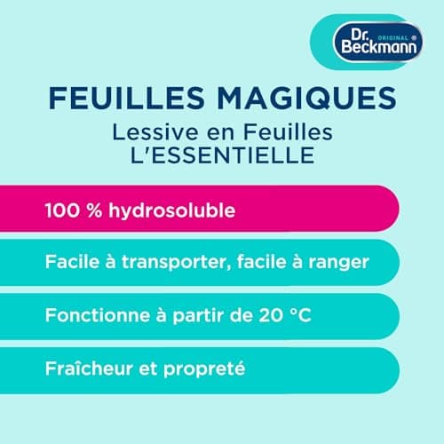 Dr. Beckmann FEUILLES MAGIQUES Lessive en feuilles L'ESSENTIELLE | Format pré-dosé, pratique et léger | 100% hydrosoluble, facile à utiliser et ranger | 25 feuilles, Bergamote