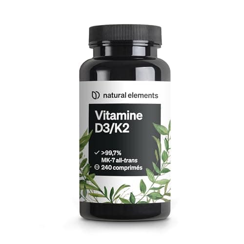 Vitamines D3 et K2 – MK-7 all-trans > 99,7% et vitamine D3 2000 U.I. – 240 comprimés – hautement dosé, haute biodisponibilité – sans additifs inutiles