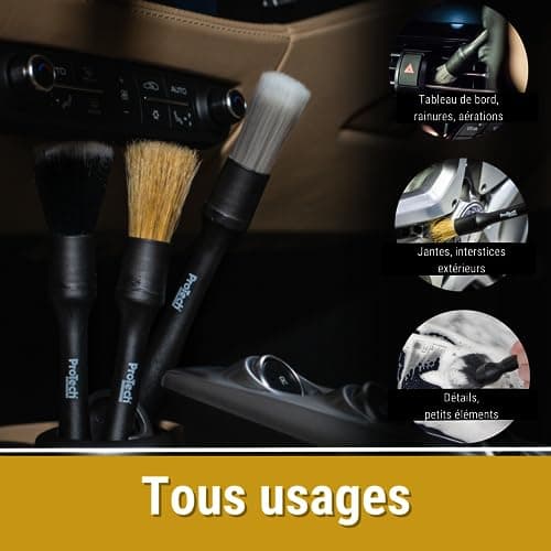 ProTech Monte-Carlo - Kit de 3 Pinceaux de Nettoyage Voiture - Pinceaux Doux et Souples pour Nettoyer Jantes, Habitacle et Extérieur