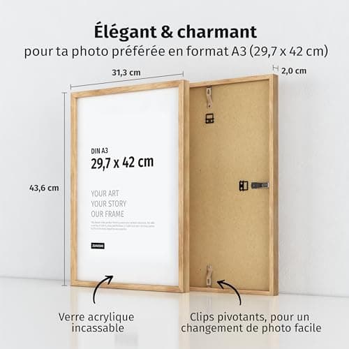 JUNOMI® Lot de 2 cadres photo en chêne de qualité supérieure, format A3 (29,7 x 42 cm), cadre en bois véritable DIN A3 avec verre acrylique incassable, cadre en chêne