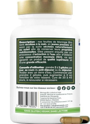 Moringa Oleifera BIO | Extra Fort, 10 000mg par jour | 100% Naturel et Pur | 90 Gélules vegan de 400mg | Qualité Supérieure