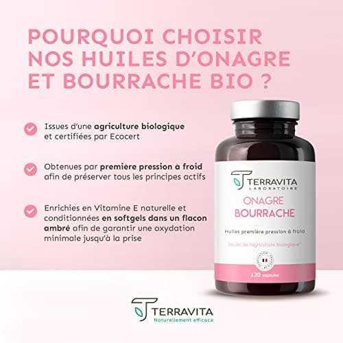 ONAGRE et BOURRACHE | Huiles BIO Première Pression à Froid | 120 Capsules de 500 mg | Hydratation de la Peau en Profondeur | Régulation du Système Hormonal | Label Ecocert Made in France | Terravita