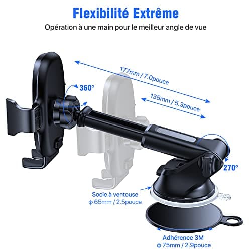 Miracase 【4-en-1】 Support Telephone Voiture, Porte Telephone Voiture Ventouse pour Tableau de Bord & Pare-Brise & Sortie d'air & Bureau Compatible avec Tous Les Smartphones 4.0''-7.0''