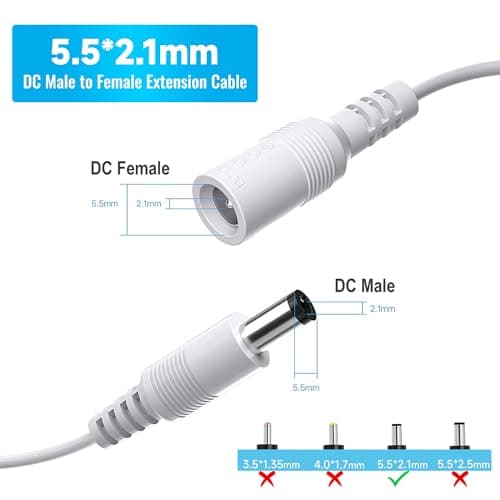 2pcs 10m Câble d'extension d'alimentation, câble d'extension DC 12V 5,5 mm x 2,1 mm Compatible avec l'adaptateur d'alimentation 12V DC ou Le Chargeur Mural pour caméra de sécurité CCTV (Blanc)