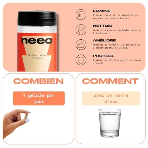 NEEO | Traitement Acné | Puissant Complexe de Zinc, Bardane, Ortie + Vitamines Peau Nette B2 et B3 | Testé en Laboratoire | Anti Acne Hormonal, Anti Imperfection, Anti Tache Visage | 30 Gélules Vegan