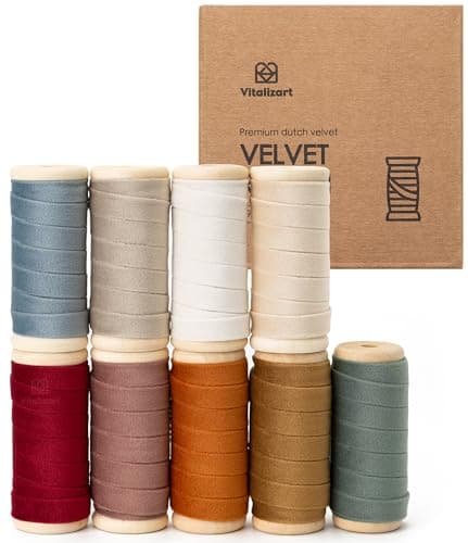 Vitalizart Ruban Velours 9 Couleurs 0,95 cm x 4,57 m x 9 Rouleaux, Bobine en Bois, Ruban en Tissu pour la Décoration de Couronnes de Noël, l'Artisanat, les Ornements, l'Emballage de Cadeaux