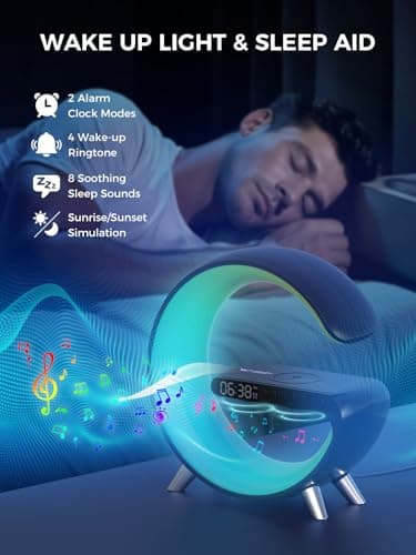 Smiling Shark Intelligente Lampe Ambiance, Lampes de Réveil Lumière avec Charge Sans Fil & Haut-Parleur Bluetooth Simulateur D'aube Dimmable Lampe de Reveil avec App Contrôle pour Chambre Salon