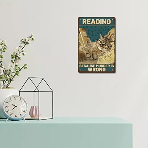 CREATCABIN Plaque Métal Chat Lecture Parce Que Le Meurtre Est Mauvais Affiche Métal Vintage Rétro Art Mural Suspendre Peinture Animaux Drôles pour Maison Salle Bain Décoration Murale 20x30cm