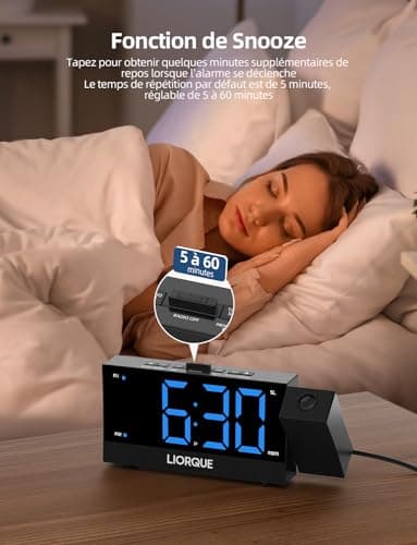 LIORQUE Radio Reveil Projection Plafond, Reveil Projecteur Plafond avec Double Alarme, Radio Réveil avec Grand Écran, Snooze, Réglage de Luminosité Infini, 2 Ports de Chargement USB