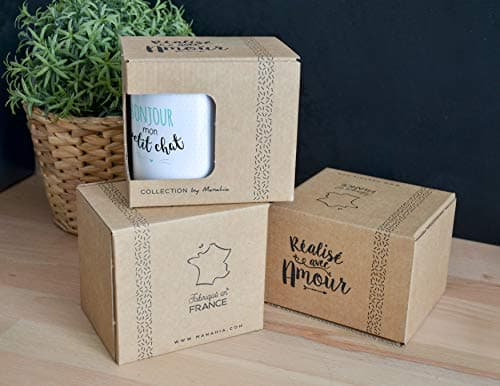 Manahia Mug Chat - Bonjour mon petit chat - Bleu - Imprimé en France - Avec boite Kraft - 330 mL Céramique - Cadeau Saint Valentin - Cadeau Homme - Tasse Chat - Amour
