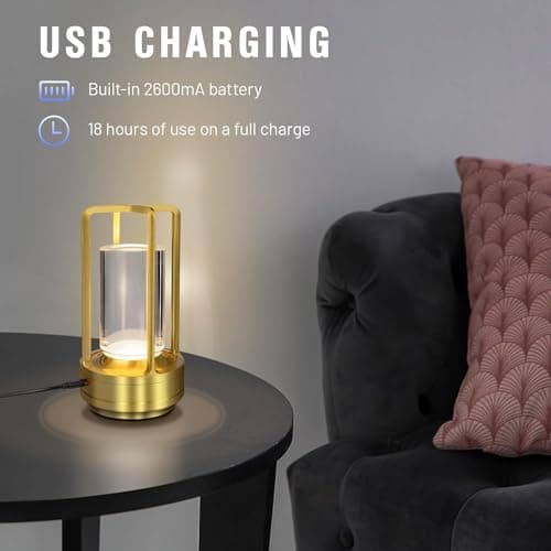 Lampe de Table LED sans Fil, USB Rechargeable Lampe de Bureau avec Batterie 2600mAh, Lampe de Chevet Tactile, Lampe Cristal, Lampe De Table LED Dimmable pour Chevet, Camping, Interieur, Exterieur, Or