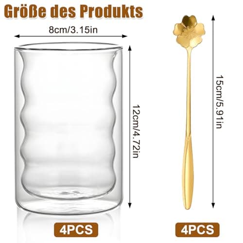 4 PCS Verres à Latte Macchiato, 350ml Tasse en Verre à Double Paroi of Avec 4 Cuillères, Verres à Double Paroi Borosilicaté, Tasse Double Paroi Couche Convient Pour Café,Boisson,Bière