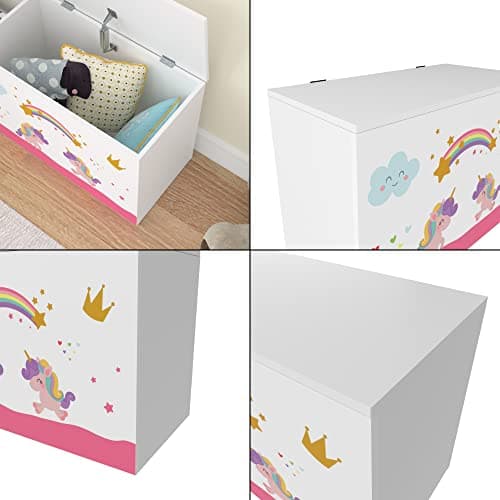 [en.casa] Coffre à Jouets pour Enfant Meuble de Rangement à Couvercle Rabattable Banc à Motif Licornes Capacité de Charge 70 kg Panneau de Particules 40 x 60 x 30 cm Blanc Violet Rose