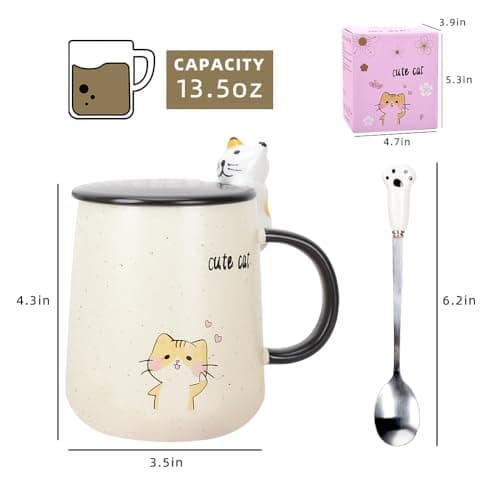 XinHuiGY Tasse de chat,Tasse à café mignonne en céramique,avec couvercle en forme de chat 3D et cuillère,pour thé, lait, chocolat chaud, cadeau pour Noël, anniversaire pour filles et femmes (Jaune)