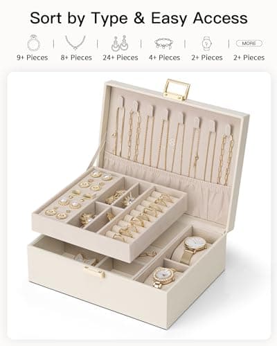 Vlando Boîte à bijoux en cuir à 2 niveaux pour femme et fille avec 2 coussins de montres, organisateur de bijoux, boîte à bijoux, idée cadeau, pour montres, bagues, boucles d'oreilles, colliers