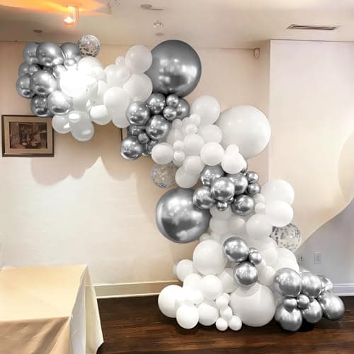 Kit d'Arche Guirlande Ballons Blanc Et Argenté, 116 Pièces Kit d'Arche Ballons Blanc Argenté Métallisé Avec Ballons Confettis Pour Femmes Filles Anniversaire Fête Prénatale Mariage Décoration