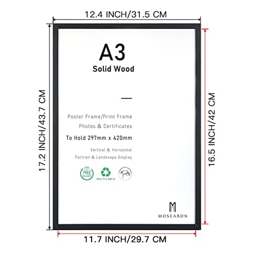 ATOBART Lot de 4 cadres, format A3, en bois, noirs, pour photos, images et certificats, avec plexi-glass, pour montage mural, 29,7 x 42 cm