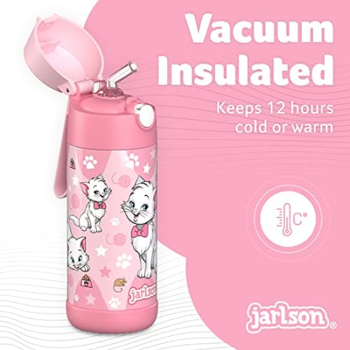 Jarlson - Gourde Enfant INOX - Bouteille Isotherme Enfant 350 ML - Gourdes sans BPA - avec de la Paille - pour l'école, Les Sports et la Maternelle (Chat 2, 350 ML)