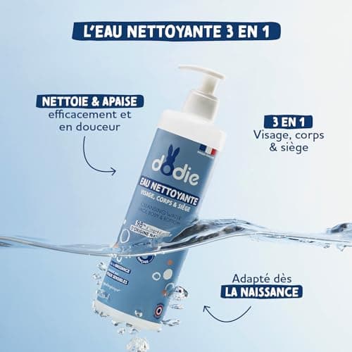 DODIE Lot de 3 Eaux Nettoyantes 3 en 1 (3 x 500 mL) - Nettoyant Visage, Corps et Siège – 98% d’ingrédients d’origine naturelle, Hypoallergénique - Dès la naissance