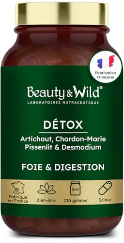 DÉTOX FOIE - Complément Alimentaire d’Artichaut, Chardon-Marie, Pissenlit - Confort Digestif, Protège le Foie, Draineur, Intestins et colon, perte de poids, minceur, 120 gélules - Beauty&Wild