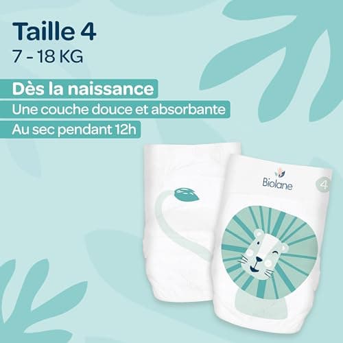 BIOLANE - Couches Taille 4 - (7-18 kg) - Peaux Sensibles - Ultra-Absorbant, Pas de Fuite, 12h au Sec - Pack 1 mois 144 couches - Fabriqué en France