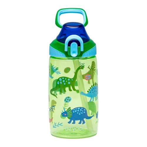 bzyoo Bouteille d'eau pour enfants de 473,6 g – Étanche et facile à ouvrir ! Vert avec de jolis motifs de dinosaures. Dispose d'une poignée et d'une fermeture sécurisée. Comprend une paille pratique