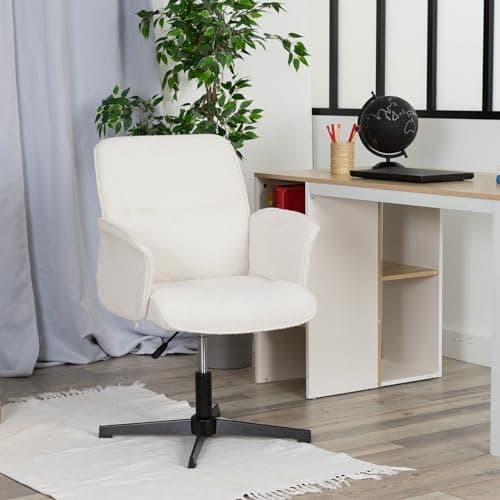 MEUBLE COSY Chaise de Bureau Fauteuil Coiffeuse Chambre Ergonomique Siège Pivotant Hauteur Réglable avec Accoudoir en Bouclette sans roulettes Capacité 120 kg Blanc, 66x63x82-94cm