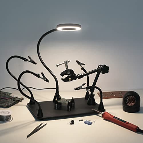 Mains secourables, troisième main à souder, support de carte de circuit imprimé avec lampe loupe 3X LED, support de pistolet à air chaud, bras métalliques flexibles et base robuste