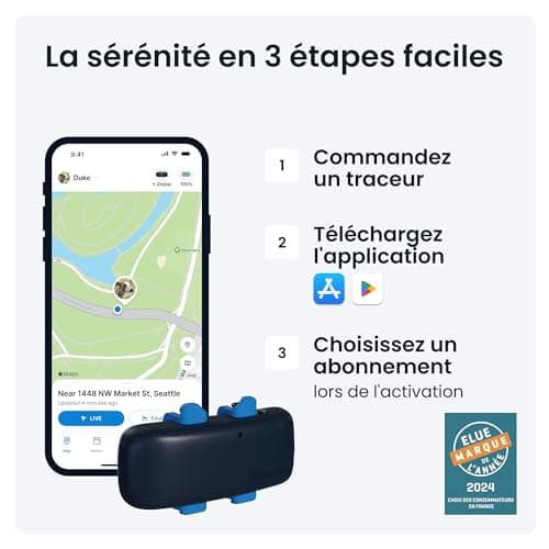Tractive – Collier GPS pour chien - Élue Marque de l'Année - Localisation globale en direct - Alertes anti-fugue - Moniteur d'activité avec alertes de santé