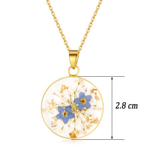 Collier de fleurs pressées en dentelle Myosotis et Queen Anne | Collier de fleurs pressées en or | Colliers personnalisés faits à la main pour femmes | Bijoux Myosotis | collier femme | 45 CM