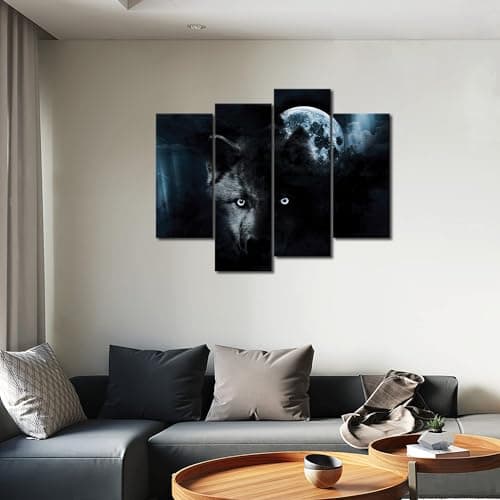 4 Panneau Noir Loup Et Plein Lune Peinture Murale d'art l'image imprimée sur Toile Animal Photos d'œuvres d'art pour Le Bureau à Domicile Décoration Moderne