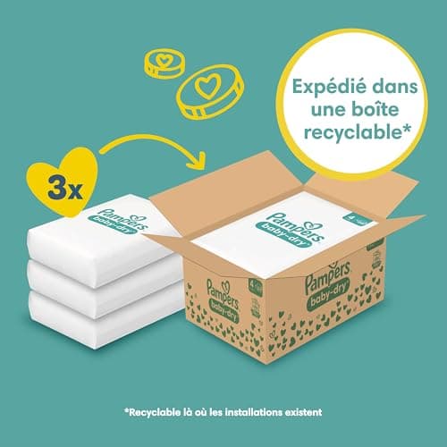 Pampers Baby-Dry, Taille 4, 204 Couches, 9-14kg, Une nuit jusqu'à 100% sans fuites avec la Poche Stop & Protect à l’arrière de la couche, Pack 1 Mois