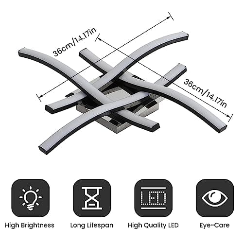 Goeco Plafonnier LED, 24W Lampe de Plafond LED Moderne, 6500K Lumière Blanche Froide Luminaire Plafonnier Design Ondulé avec 4 Tubes de Lumière pour Salon, Chambre, Cuisine, Noir