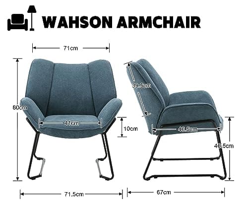 Wahson Fauteuils de Salon, Fauteuil Salon Confortable Assise Épais Fauteuil Chambre avec Pied Métal, Tissu Chenille, Fauteuil Relax pour Salon/Chambre, Bleu