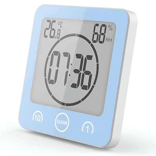 Horloge de Salle de Bain, Horloge de Douche Contrôle Tactile étanche, Alarme Numérique LCD, Thermomètre Hygromètre, Minuterie de Compte à Rebours, Alimenté par Pile, pour Maquillage Cuisine (Bleu)