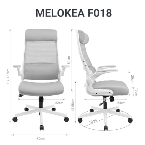 MELOKEA Chaise de Bureau Ergonomique avec Accoudoirs Rabattables,Fauteuil de Bureau Confortable avec appuie-tête réglable et Support Lombaire, Hauteur Réglable, Gris