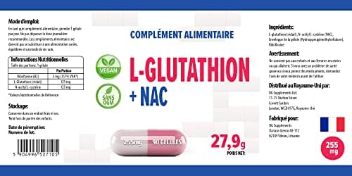 Hepatica L-Glutathione + NAC (N Acétyl Cystéine) 255mg 90 gélules végétales, Testé par un Laboratoire tiers, sans gluten ni OGM