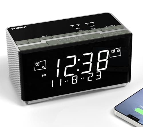 iTOMA Réveil Radio FM et Dab avec Port de Charge USB, Haut - Parleur stéréo Bluetooth, Prise Casque, Double Alarme, Snooze, écran LCD dimmable 3501