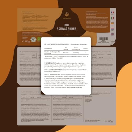 Ashwagandha Bio - Extra Fort: 650mg (360 Gélules) - Withanolide - Bien-Être Mental & Physique, Sommeil, Cardiovasculaire - Vegan - Sans: Additifs, Lactose & Gluten - TRUE NATURE
