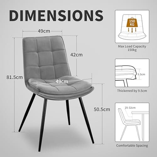 STOOLINK Lot de 2 Chaise Salle à Manger, Chaise de Salle à Manger en Velours, Moderne Chaise de Salle Rembourrée, Chaise de Cuisine sans Accoudoirs Design en Damier pour Cuisine, Salon - Gris
