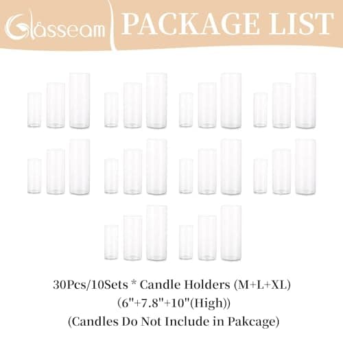 Glasseam Porte-Bougie Hurricane Cylindre en Verre : Vase À Fleurs Transparent pour Bougies Chauffe-Plat Pilier Votif Bougies Flottantes pour Décorations De Table À Manger (M+L+XL x 10)