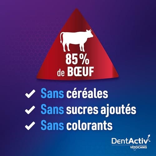 Vetocanis | Dentactiv | Stick Dentaire Chien | Friandises pour Chien Gourmandes | pour l'Hygiène et Santé du Chien | Riche en Viande | 85% de Boeuf | Recommandé par Les Vétérinaires | Chien 2 à 15 kg