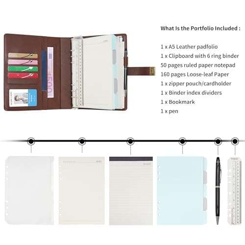 WASON A5 Carnets et journaux avec verrou reliure de notes ligné de planification portfolio et bloc-notes rechargeable stylo organisateur à pince pour entreprise école voyage (Café)